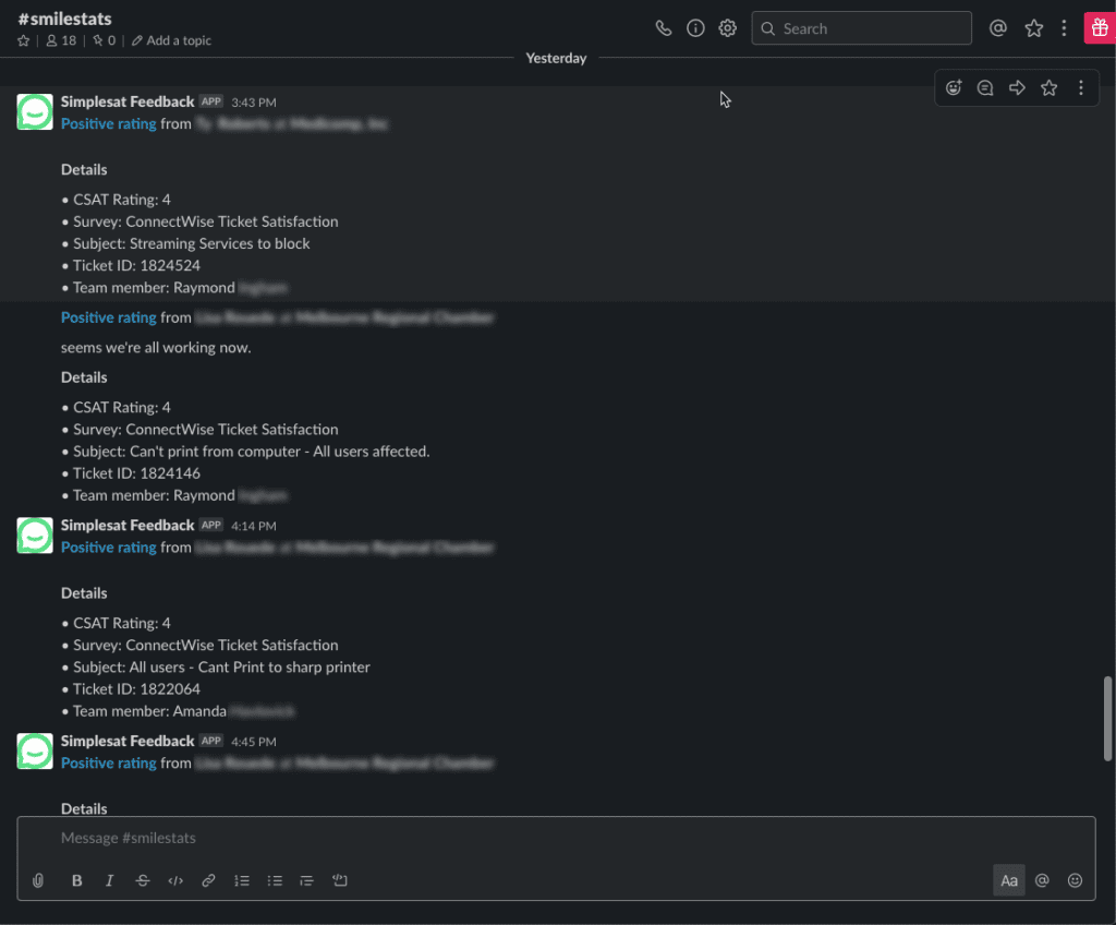 Screenshot of Indian River Networks' Slack Simplesat Integration