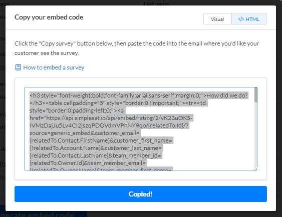 Screenshot of Simplesat survey embed code