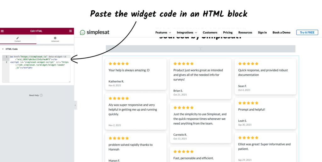 add simplesat feedback widget code to website